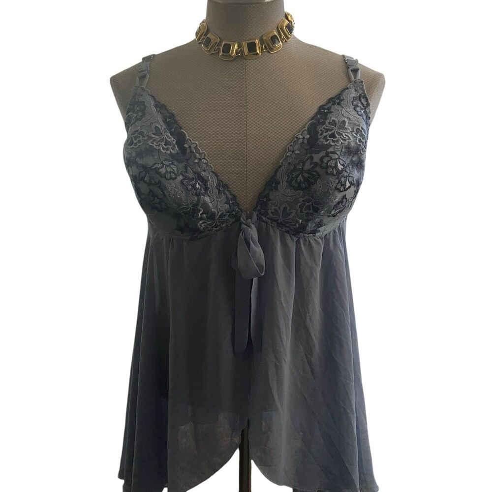 Vintage Y2k Sheer Lace Light Blue Babydoll Top Lingerie Lace Fairy Tie Front XL